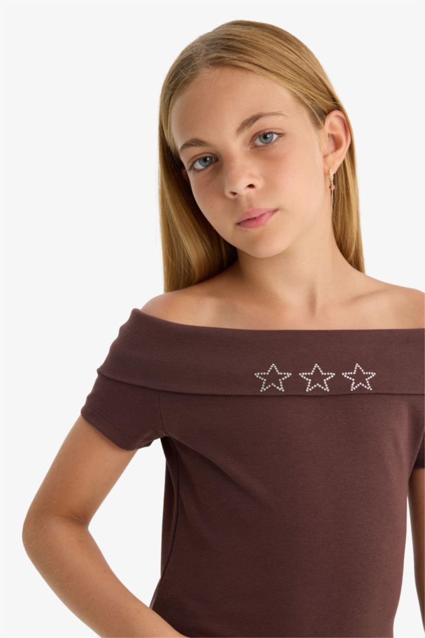 Girls & Teens Brown Girl Slim Fit Open Shoulder Star Patterned Ribbed T-Shirt