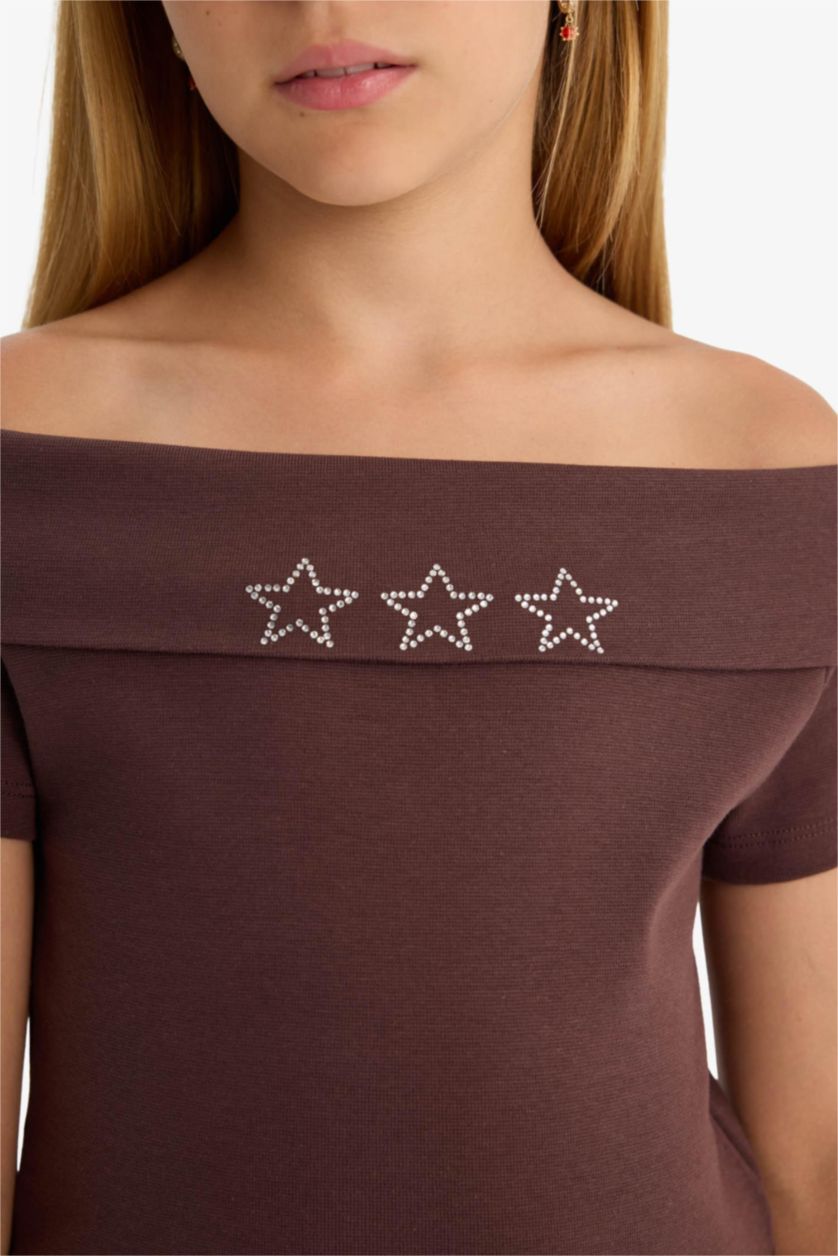 Girls & Teens Brown Girl Slim Fit Open Shoulder Star Patterned Ribbed T-Shirt