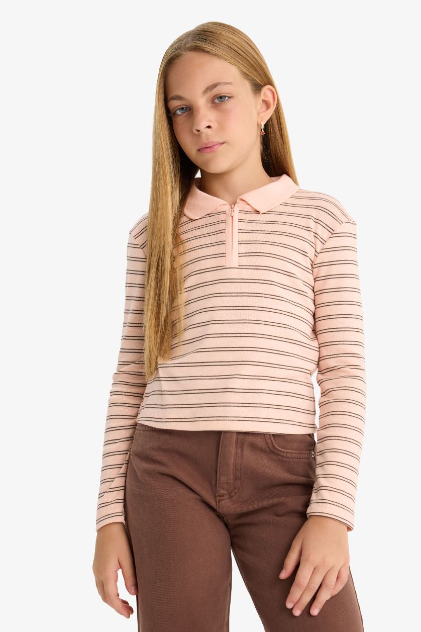 Girls & Teens Salmon Girl Slim Fit Polo Neck Striped Ribbed T-Shirt