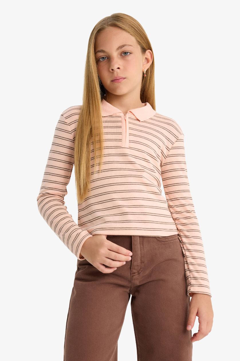 Girls & Teens Salmon Girl Slim Fit Polo Neck Striped Ribbed T-Shirt