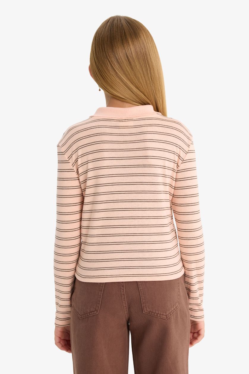 Girls & Teens Salmon Girl Slim Fit Polo Neck Striped Ribbed T-Shirt