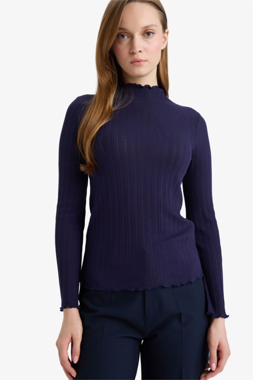 Kadın Lacivert Slım Fıt Fitilli Kaşkorse Uzun Kollu Tunik