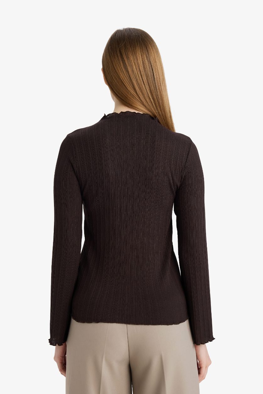Kadın Kahve Slım Fıt Fitilli Kaşkorse Uzun Kollu Tunik