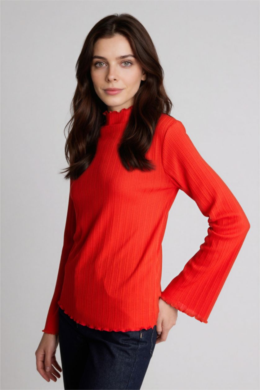Kadın Kırmızı Slım Fıt Fitilli Kaşkorse Uzun Kollu Tunik