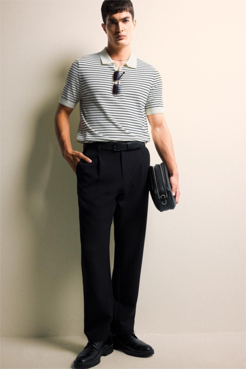 MAN Black Straight Fit Pleated Straight Leg Fabric Trousers