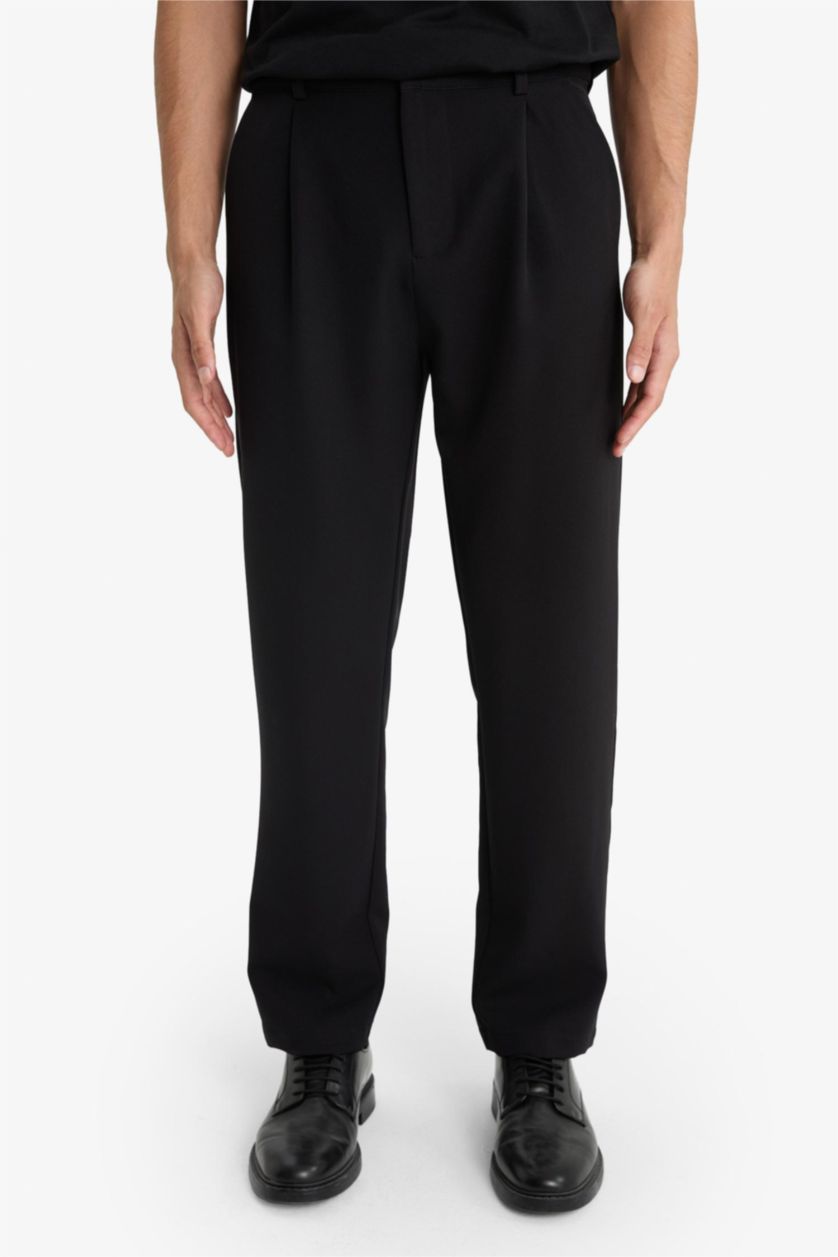 MAN Black Straight Fit Pleated Straight Leg Fabric Trousers