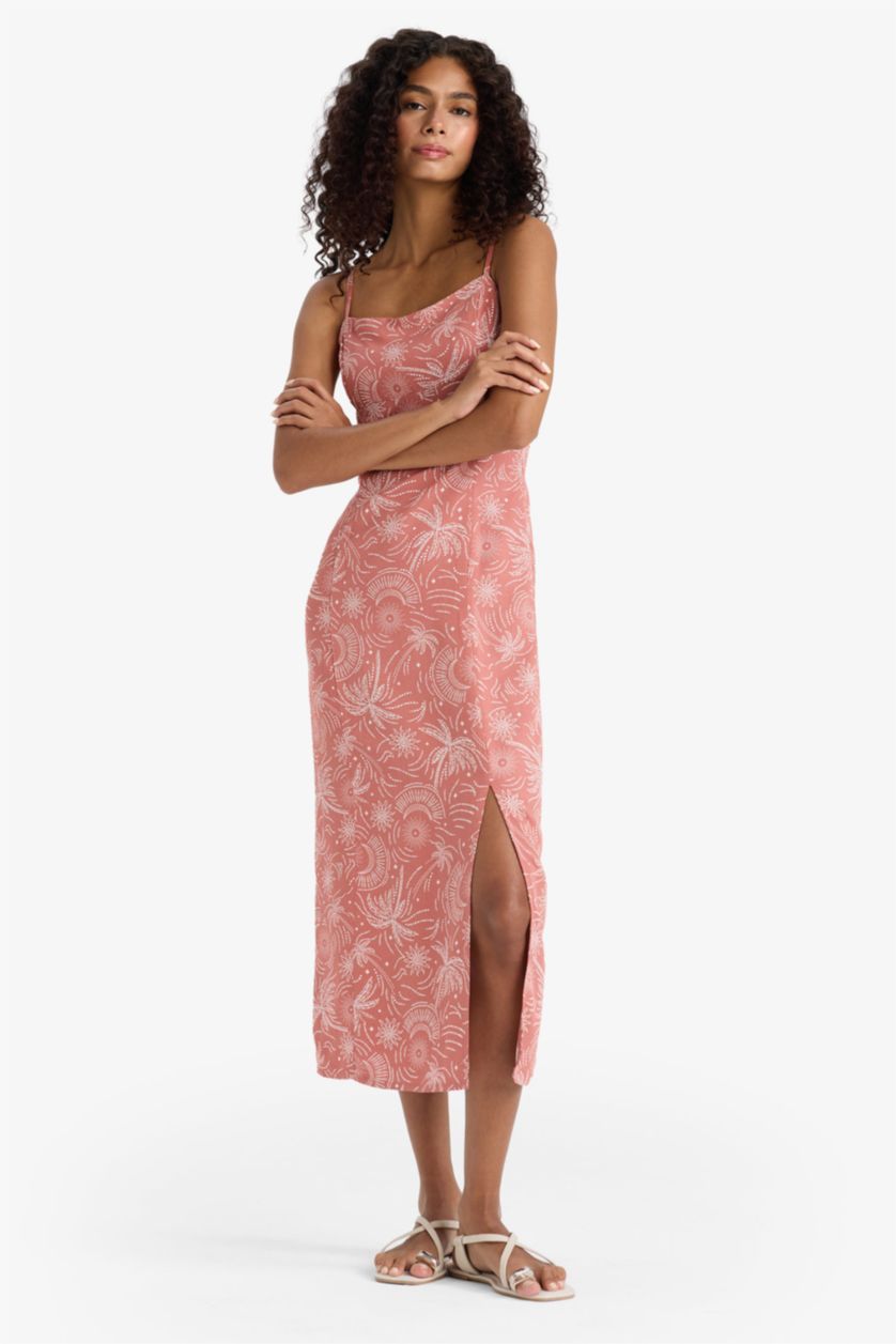 Kadın Gülkurusu Kare Yaka Desenli Yırtmaçlı Keten Karışımlı Askılı Midi Elbise