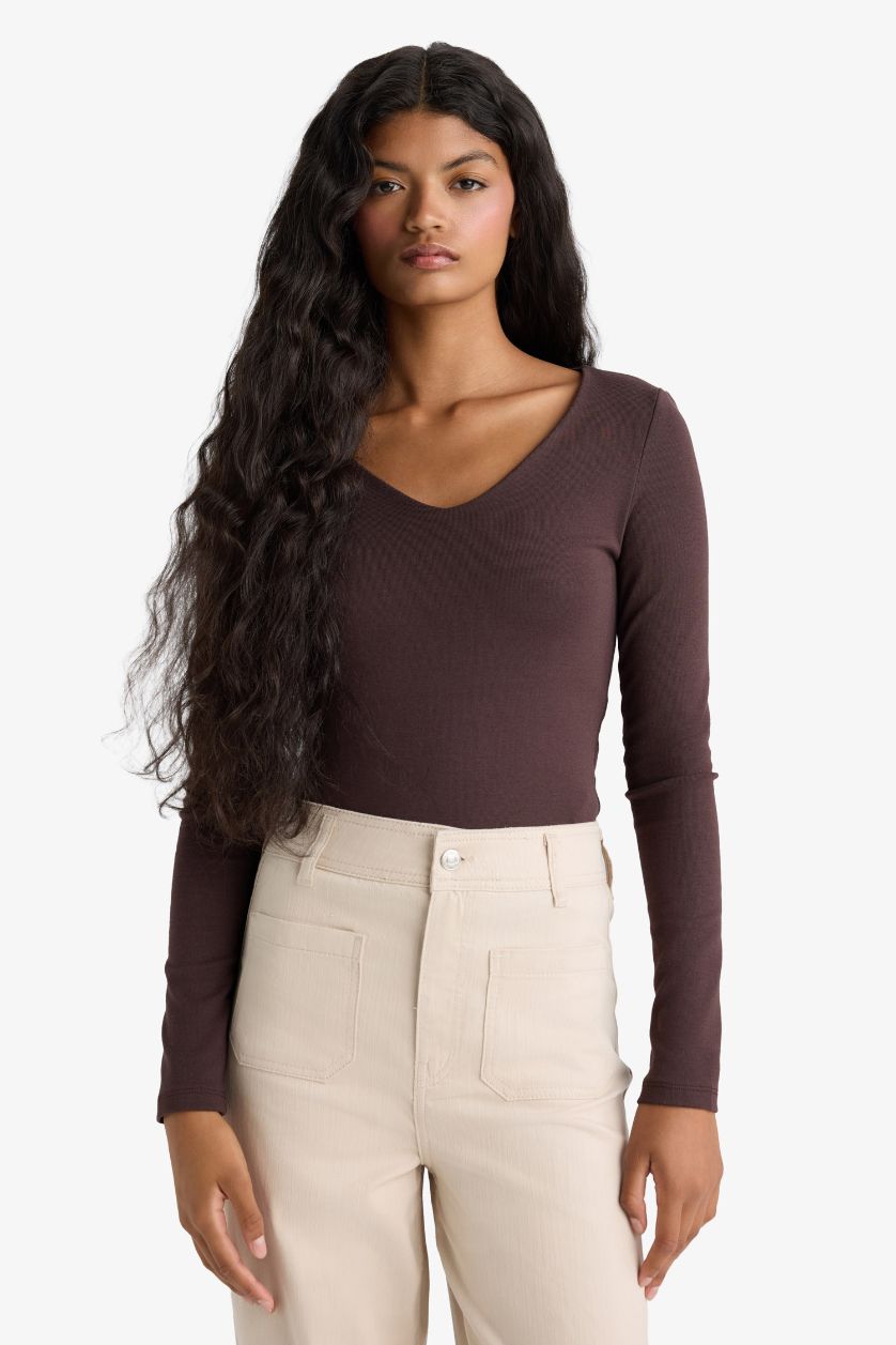 Kadın Kahve Slım Fıt Basıc Düz Modal Uzun Kollu Tişört