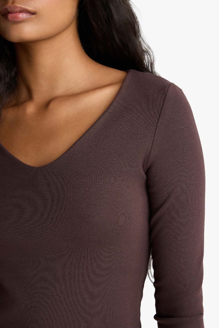 Kadın Kahve Slım Fıt Basıc Düz Modal Uzun Kollu Tişört