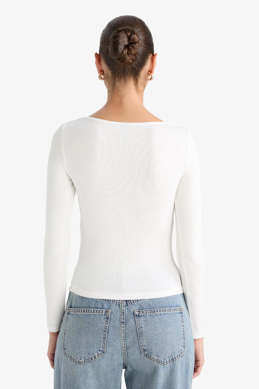 Kadın Ekru Slım Fıt Basıc Düz Modal Uzun Kollu Tişört