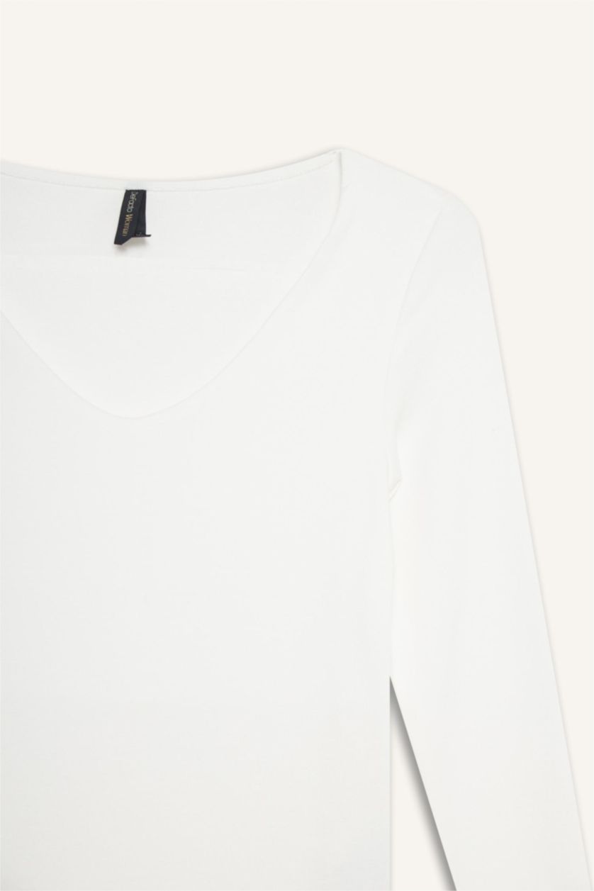 Kadın Ekru Slım Fıt Basıc Düz Modal Uzun Kollu Tişört