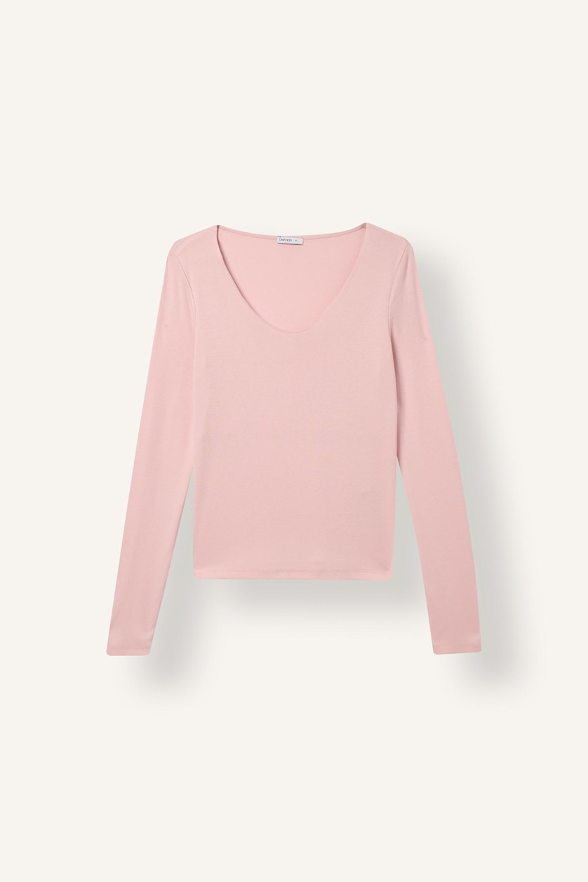 Kadın Açık Pembe Slım Fıt Basıc Düz Modal Uzun Kollu Basic Tişört