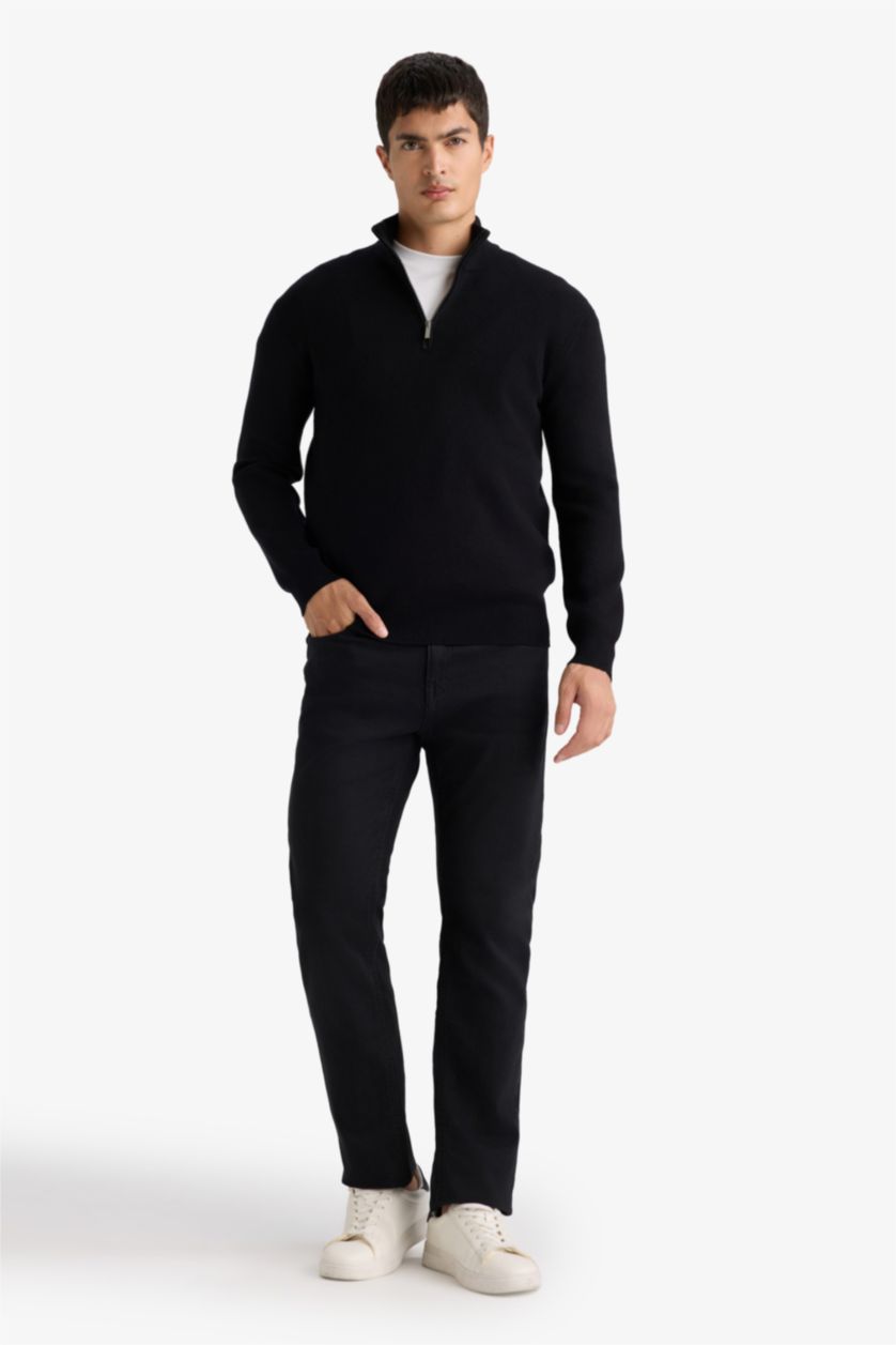HOMME Noir Pull en tricot à col montant zippé Coupe standard