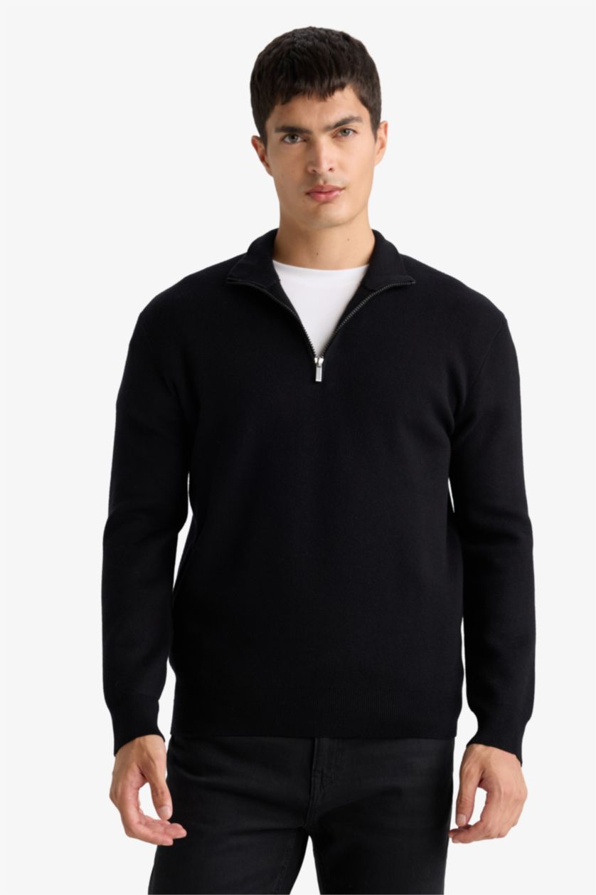 HOMME Noir Pull en tricot à col montant zippé Coupe standard