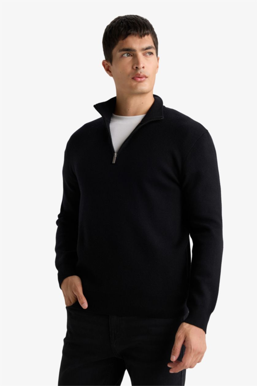 HOMME Noir Pull en tricot à col montant zippé Coupe standard
