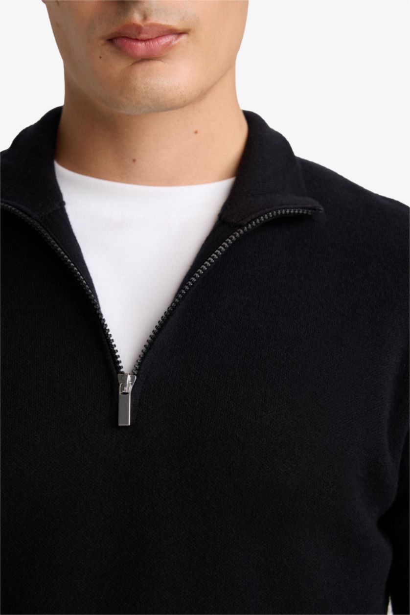 HOMME Noir Pull en tricot à col montant zippé Coupe standard