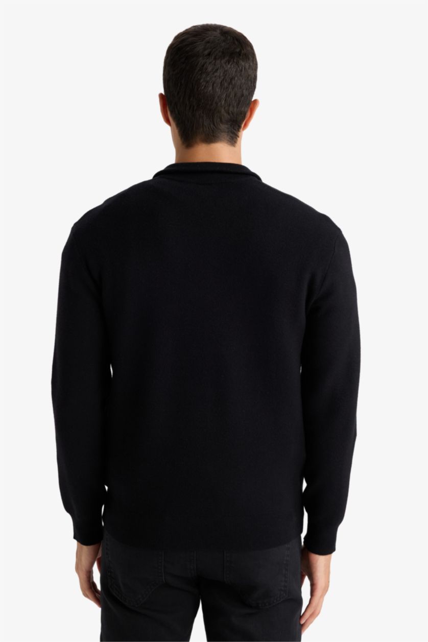 HOMME Noir Pull en tricot à col montant zippé Coupe standard