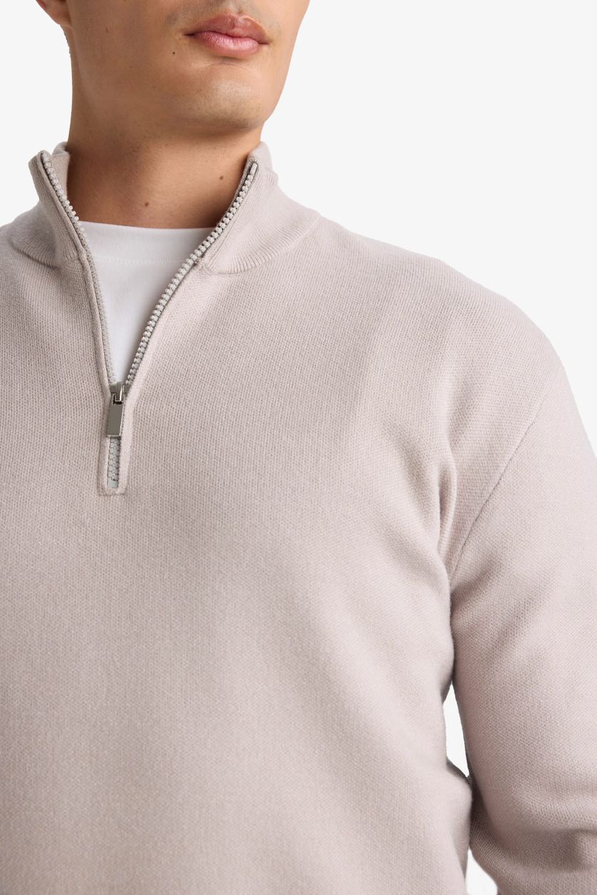 Erkek Açık Gri Standart Fıt Fermuarlı Dik Yaka Triko Kazak