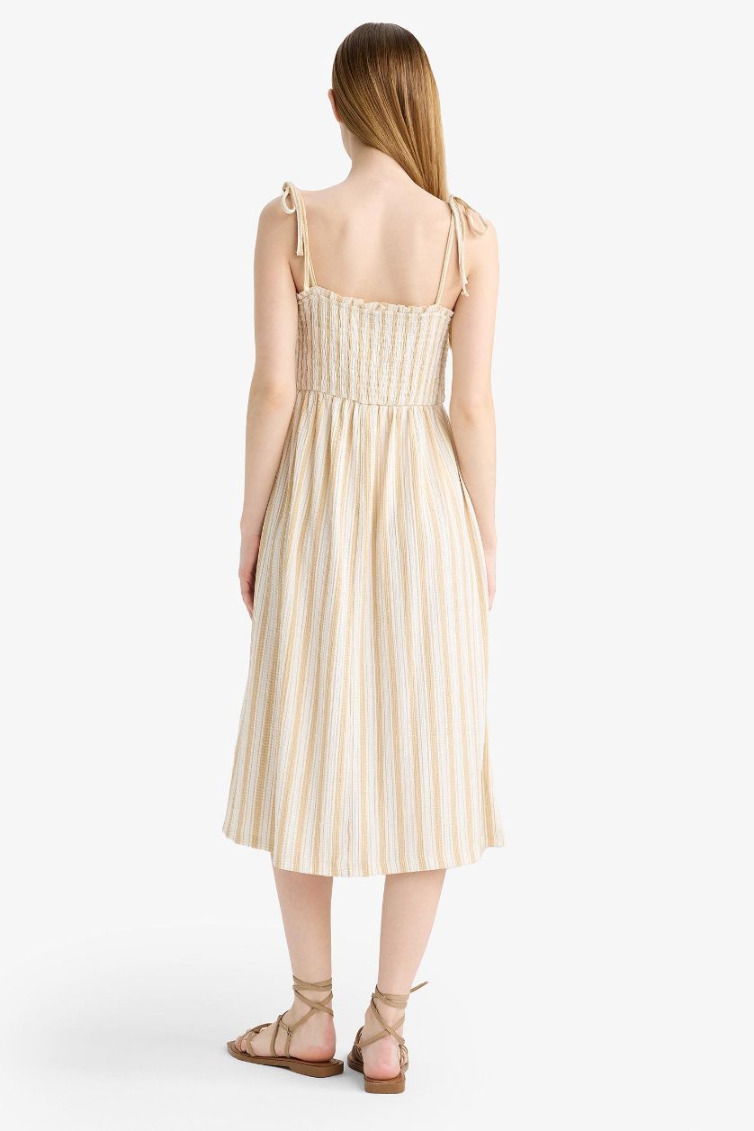Kadın Bej Çizgili Bürümcük Askılı Midi Elbise