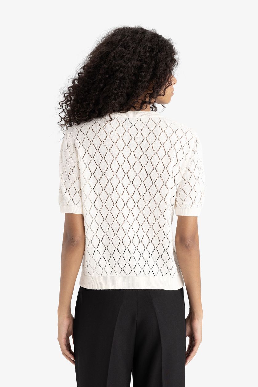 Kadın Ekru Regular Fit Bisiklet Yaka Kısa Kollu Ajur Triko Hırka