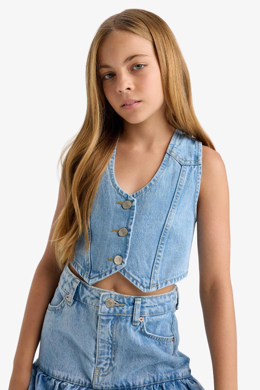 Kız Çocuk - Genç Kız Mavi Pamuklu Düğmeli Jean Yelek Kız Çocuk