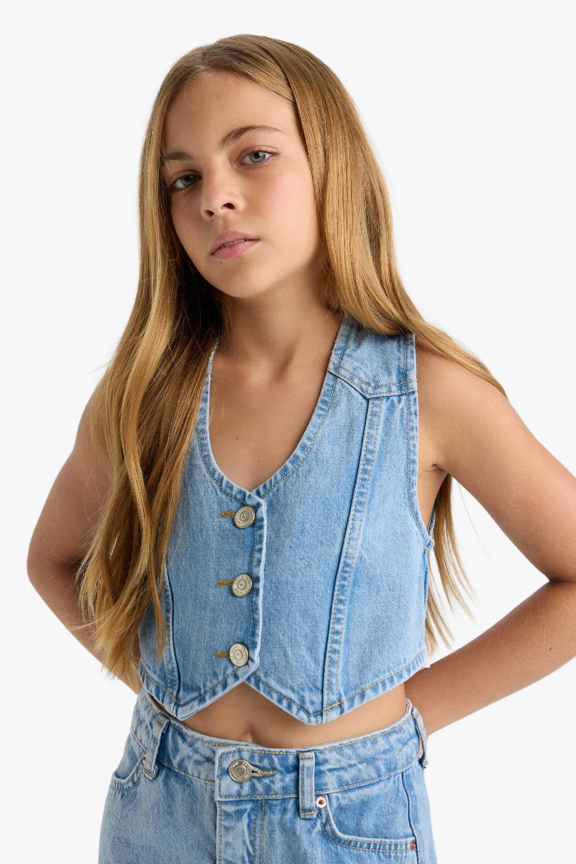 Kız Çocuk - Genç Kız Mavi Pamuklu Düğmeli Jean Yelek Kız Çocuk