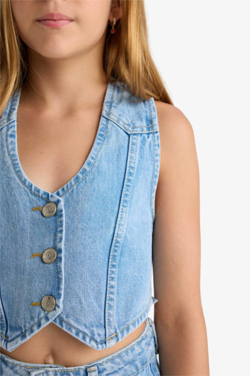 Kız Çocuk - Genç Kız Mavi Pamuklu Düğmeli Jean Yelek Kız Çocuk