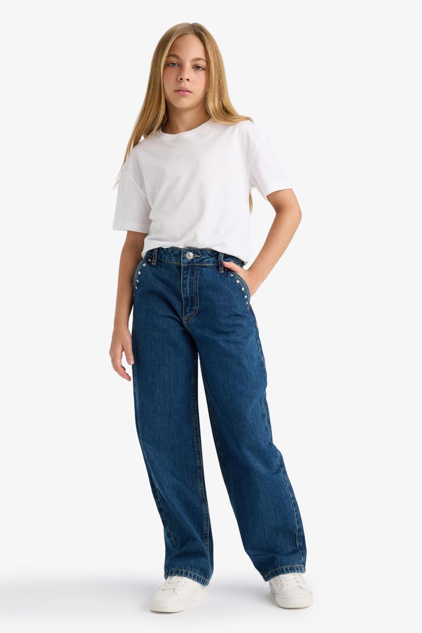 Girls & Teens Dark Blue Girl Baggy Fit Wide Leg Jeans