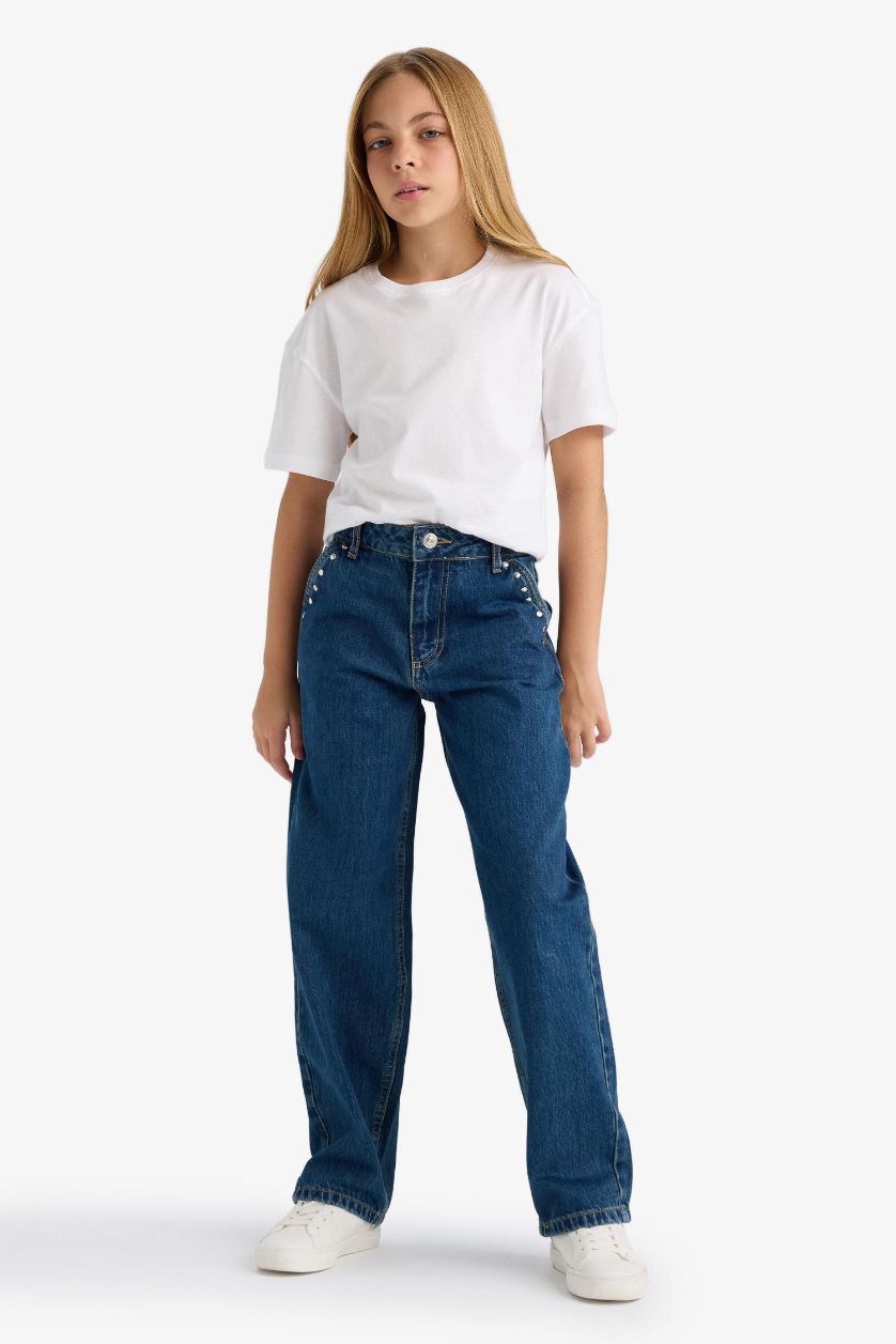 Girls & Teens Dark Blue Girl Baggy Fit Wide Leg Jeans