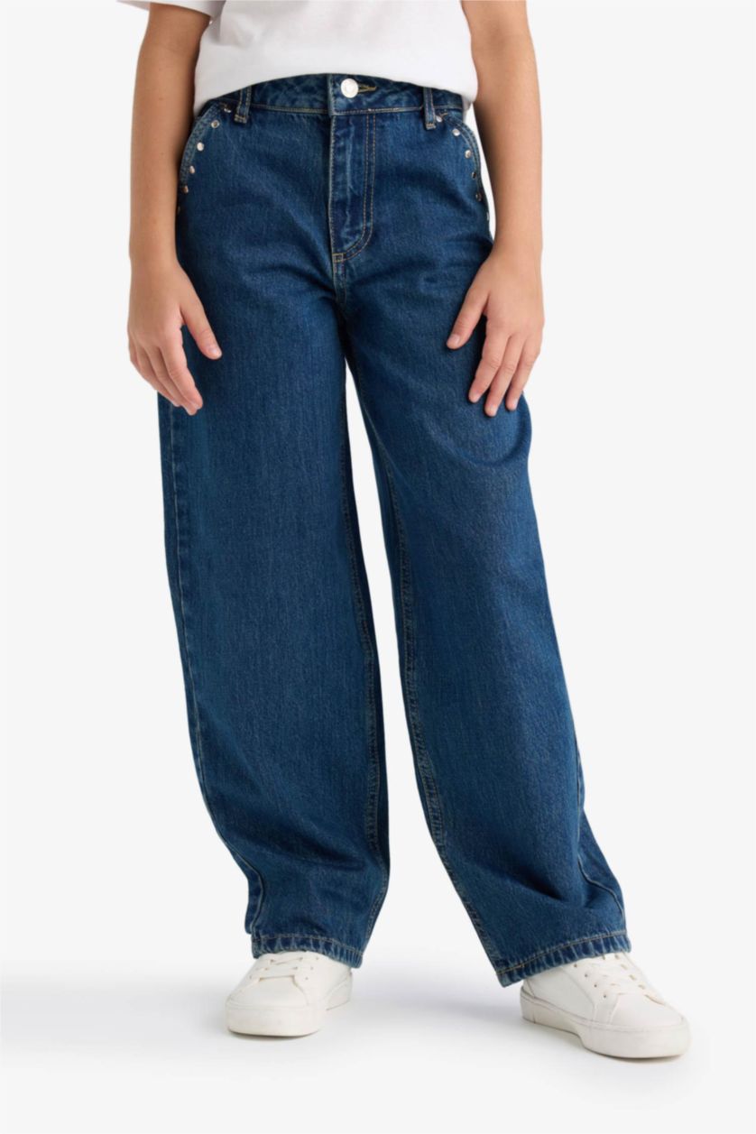 Girls & Teens Dark Blue Girl Baggy Fit Wide Leg Jeans