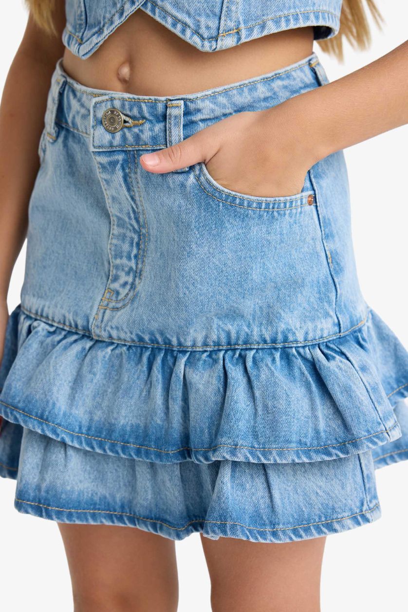 Kız Çocuk - Genç Kız Mavi Pamuklu Katlı Jean Etek Kız Çocuk