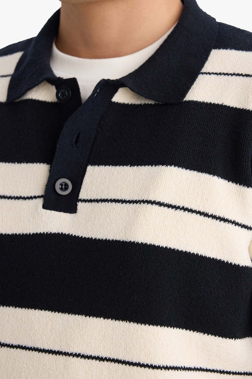 رجالي كحلي بلوفر تريكو ملون قصة عادية بياقة بولو