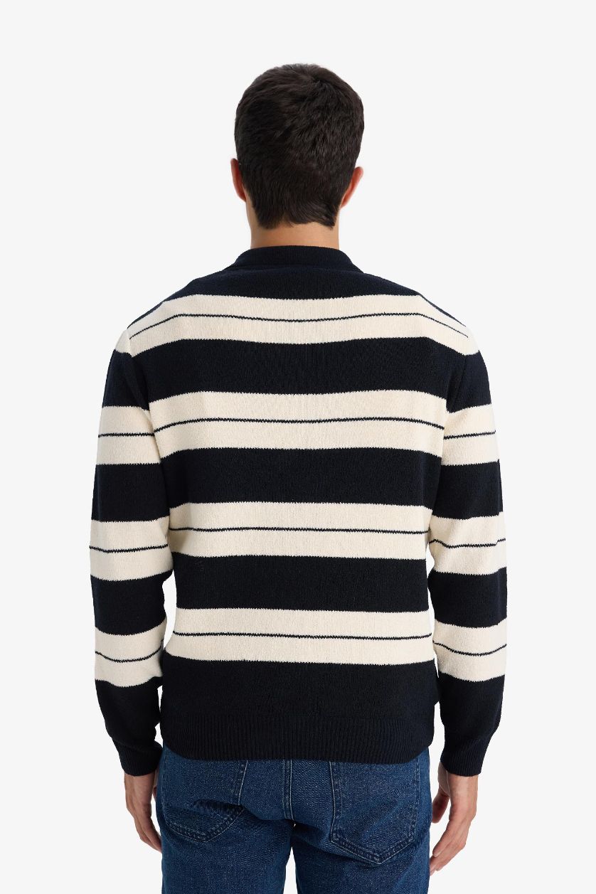 رجالي كحلي بلوفر تريكو ملون قصة عادية بياقة بولو