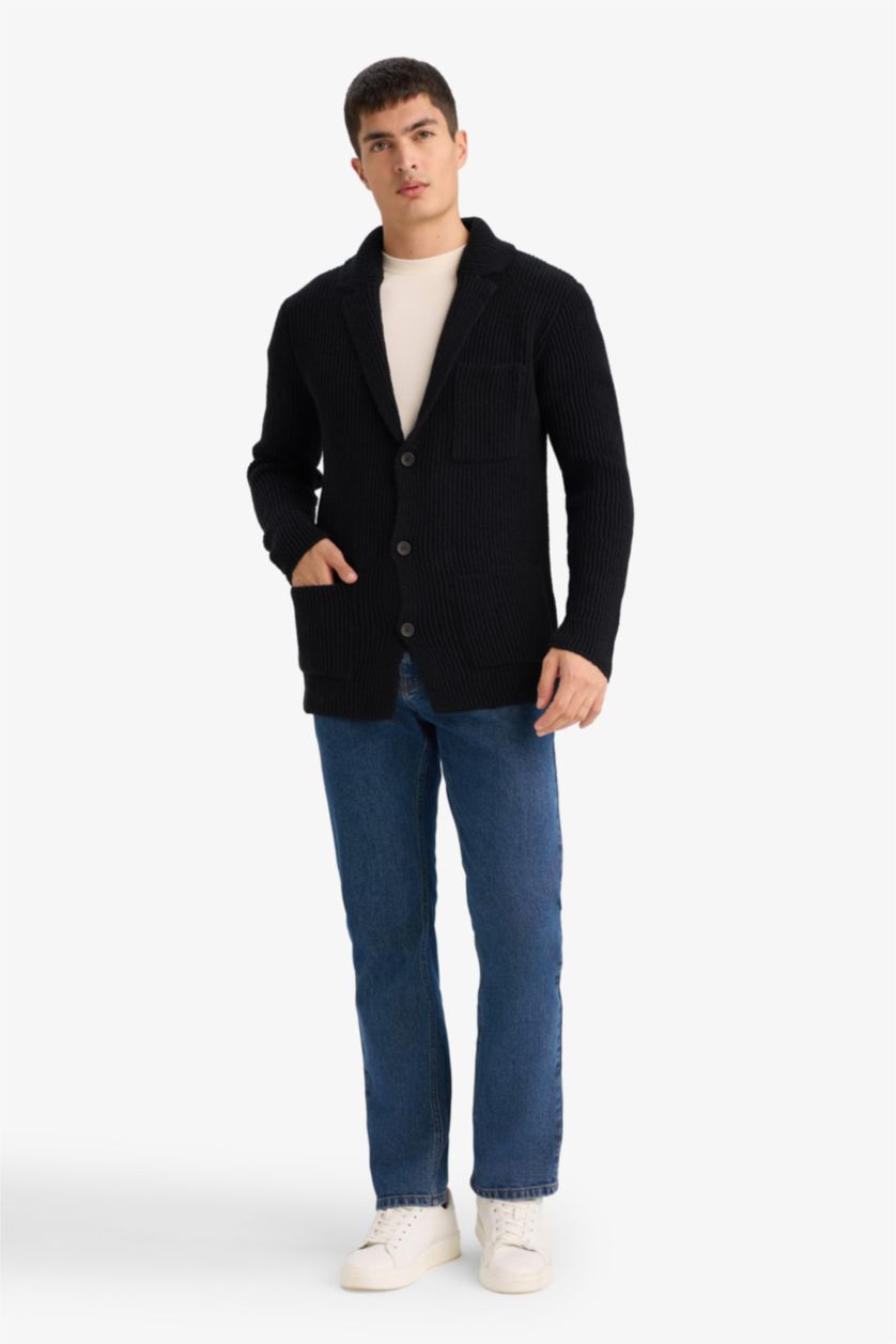 HOMME Noir Cardigan en tricot à col blazer Coupe Standard