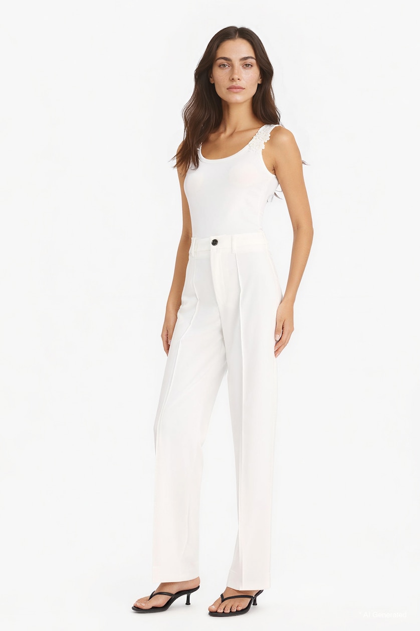 Women Ecru High Waist Straight Fit Trousers
