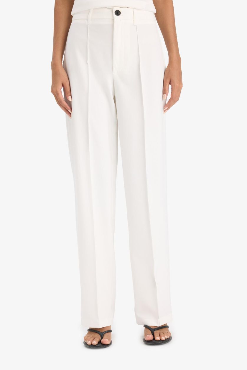 Woman Ecru Straight Fit Regular Hem Trousers