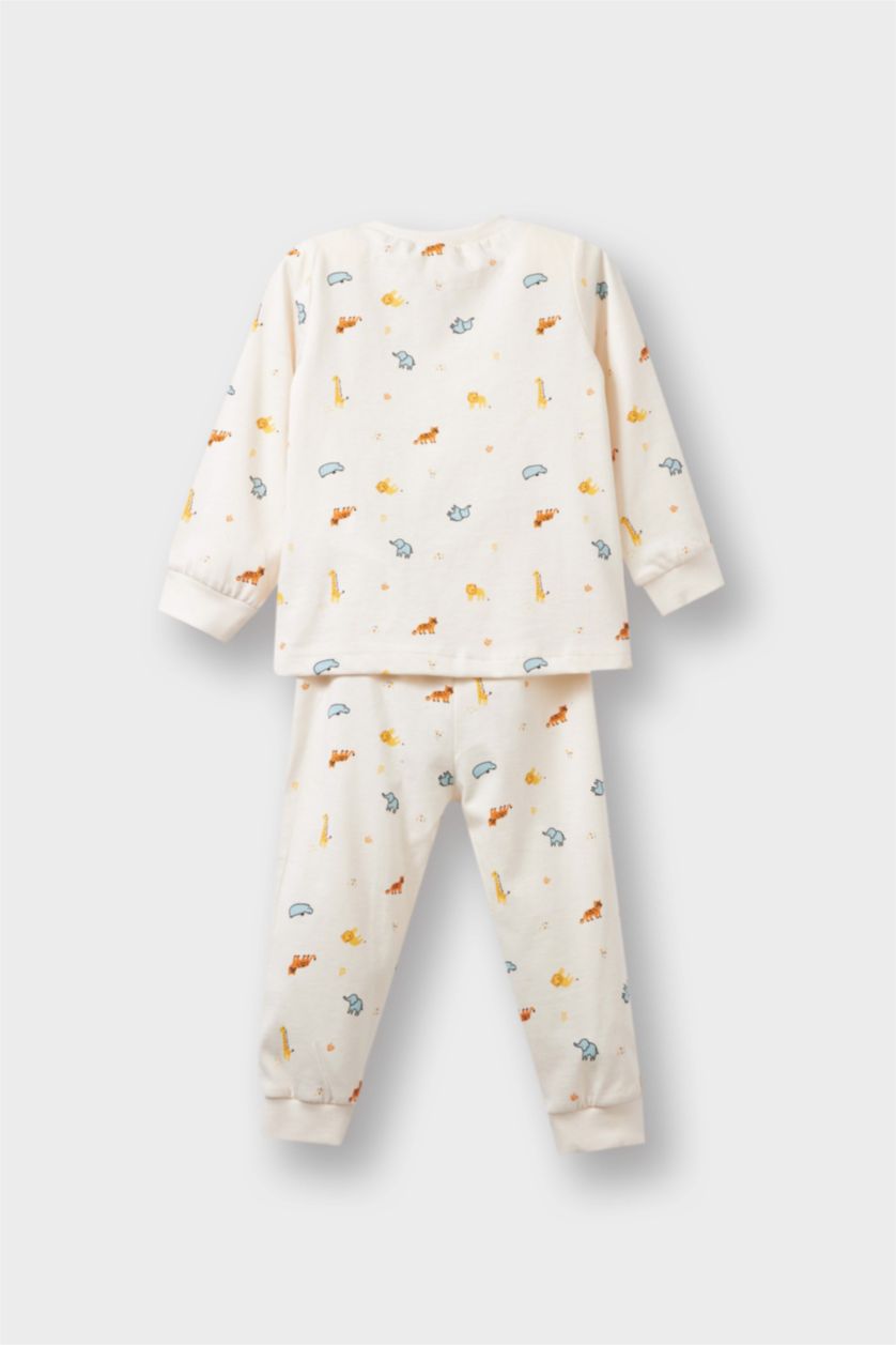 Erkek Bebek Ekru 4'lü Pijama Takımı Safari Baskılı Uzun Kollu Penye Üst Uzun Alt Erkek Bebek