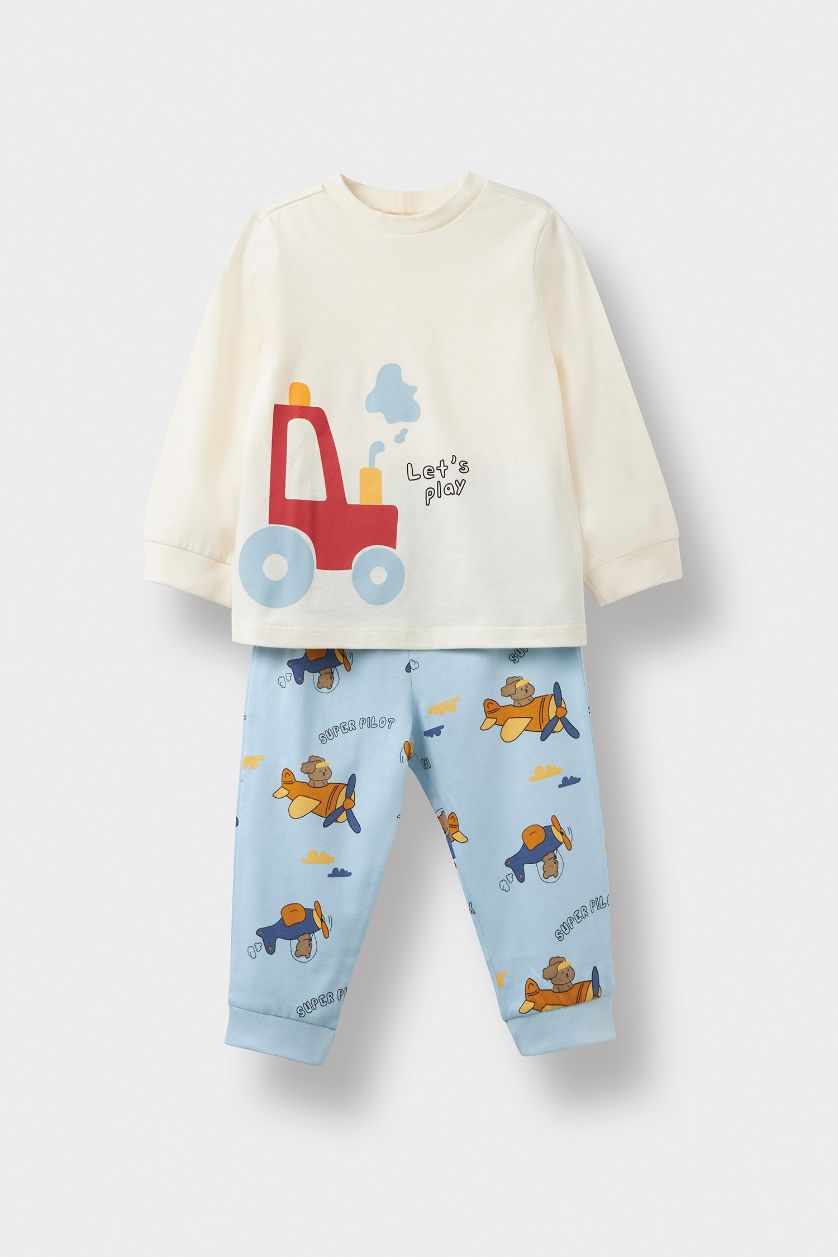 Baby Boy Ecru Baby Boy Airplane Printed Cotton Top Bottoms 4 Piece Pajama Set