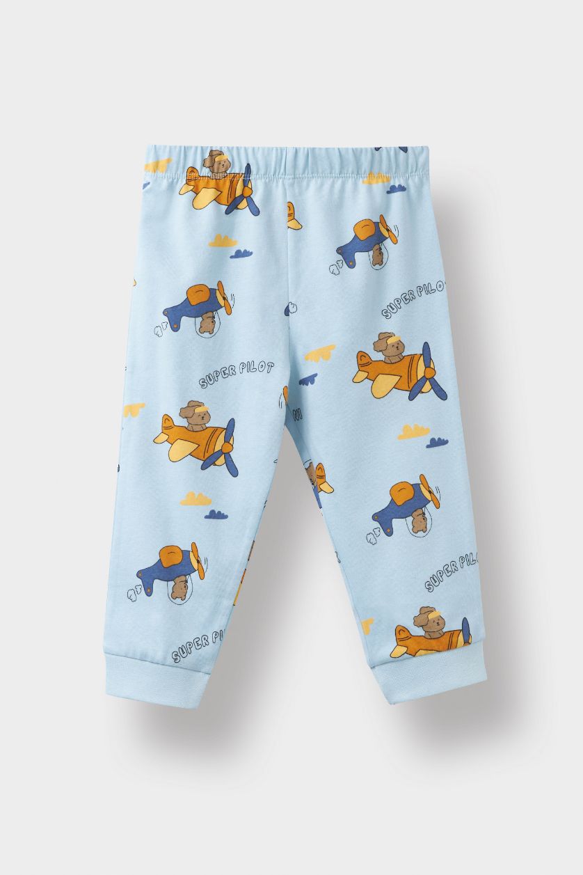 Baby Boy Ecru Baby Boy Airplane Printed Cotton Top Bottoms 4 Piece Pajama Set