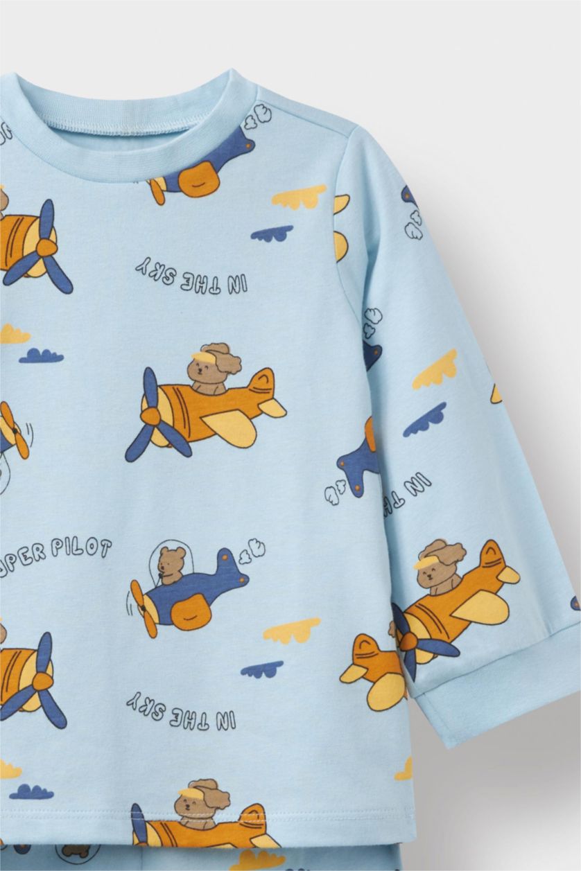 Baby Boy Ecru Baby Boy Airplane Printed Cotton Top Bottoms 4 Piece Pajama Set