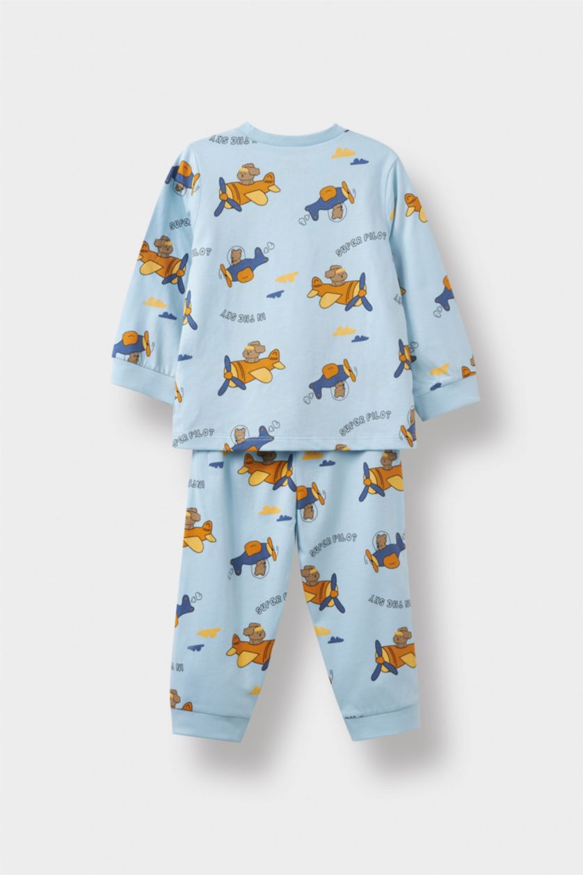 Baby Boy Ecru Baby Boy Airplane Printed Cotton Top Bottoms 4 Piece Pajama Set