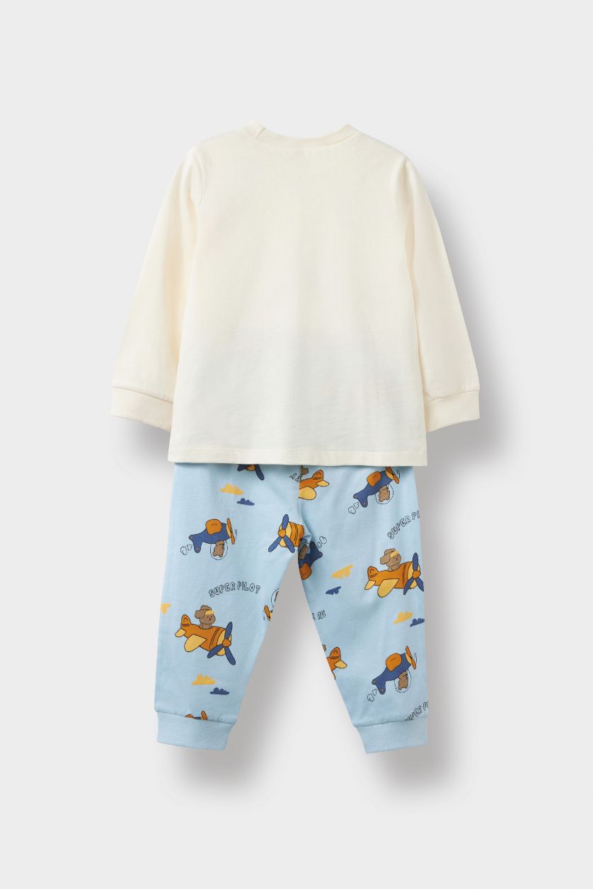 Baby Boy Ecru Baby Boy Airplane Printed Cotton Top Bottoms 4 Piece Pajama Set