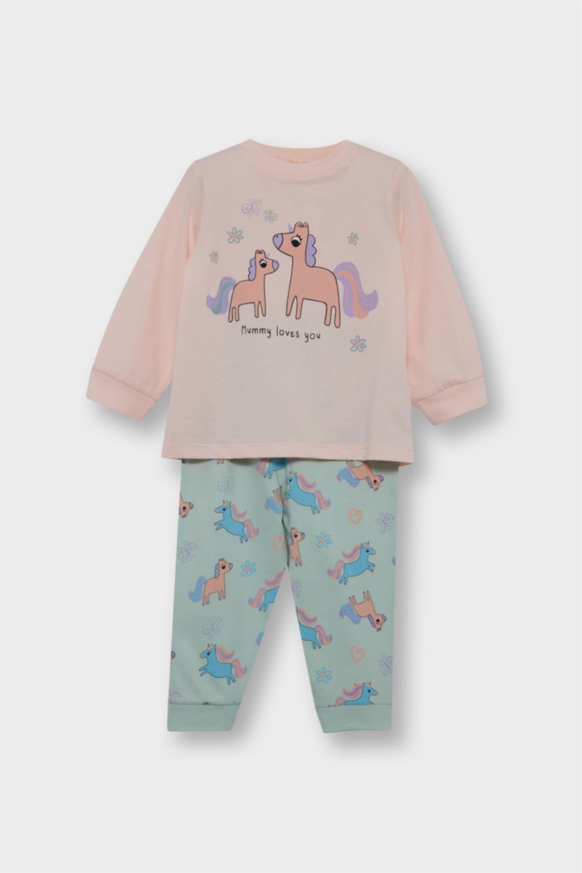 Kız Bebek Açık Pembe %100 Pamuklu Unıcorn Desenli Beli Lastikli 4'lü Pijama Takımı Kız Bebek