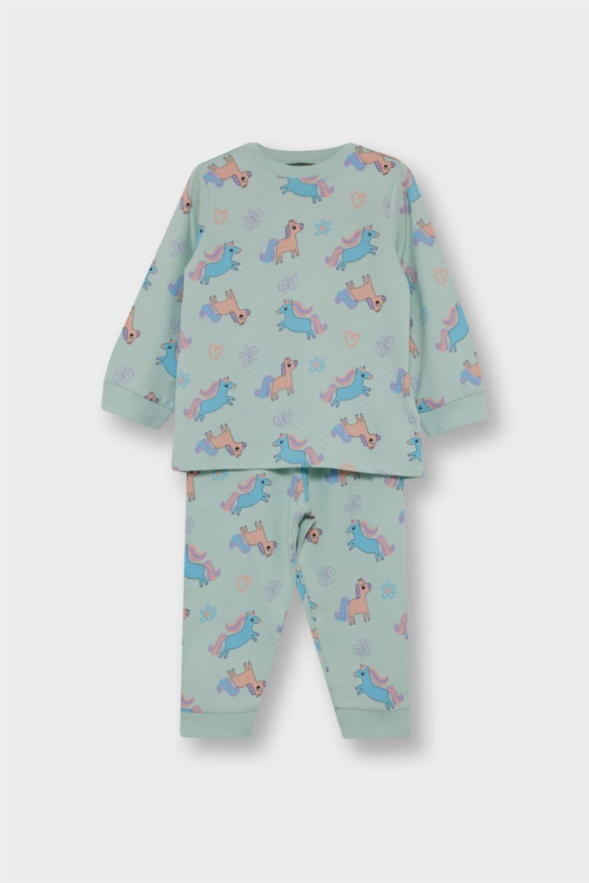 Kız Bebek Açık Pembe %100 Pamuklu Unıcorn Desenli Beli Lastikli 4'lü Pijama Takımı Kız Bebek