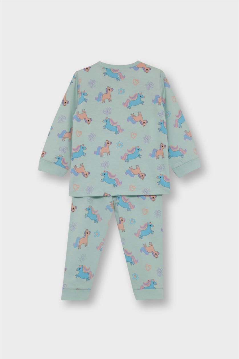 Kız Bebek Açık Pembe %100 Pamuklu Unıcorn Desenli Beli Lastikli 4'lü Pijama Takımı Kız Bebek