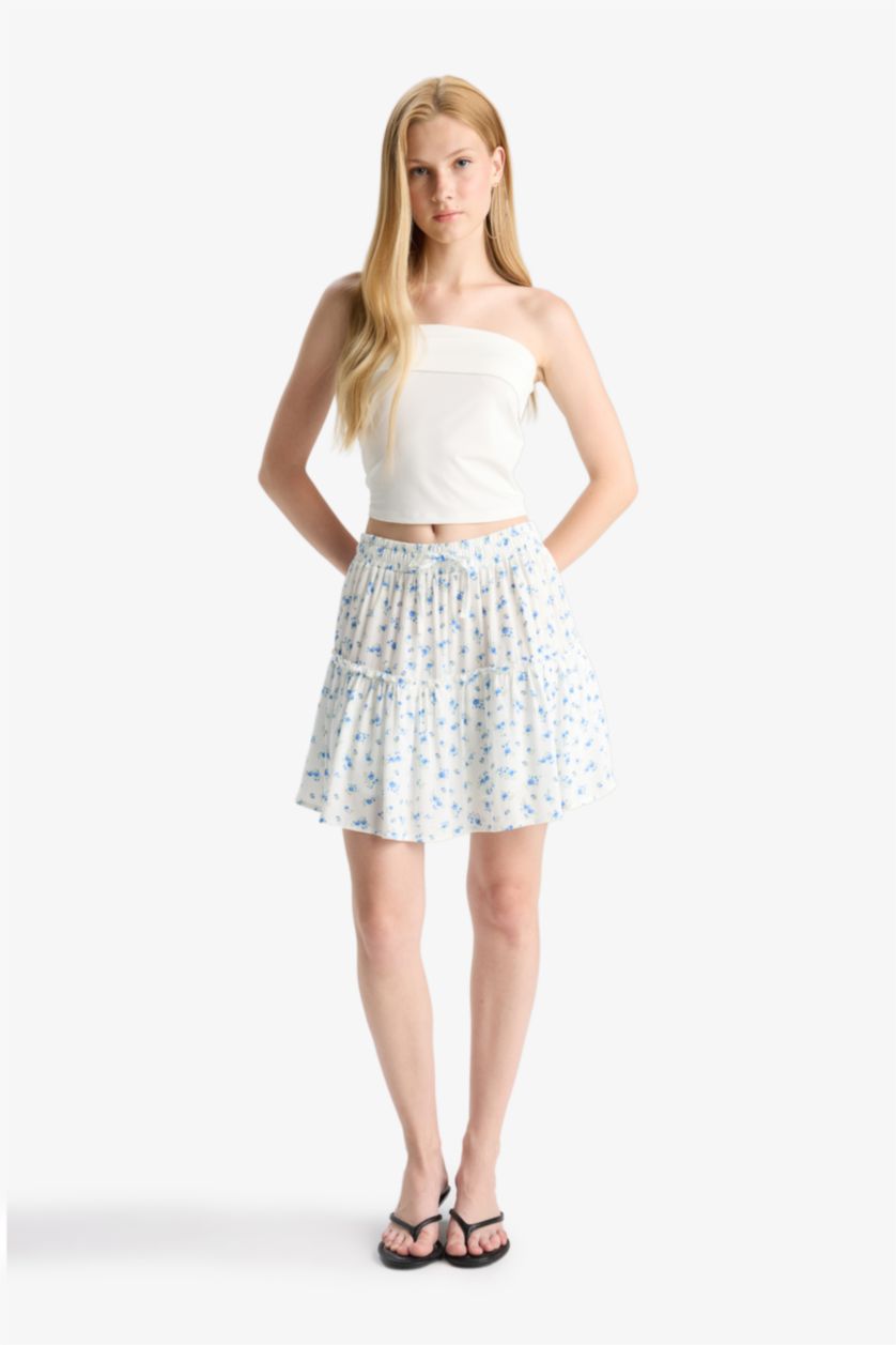 Women Blue Patterned High Waist Cotton Lining Crinkle Viscose Mini Skirt