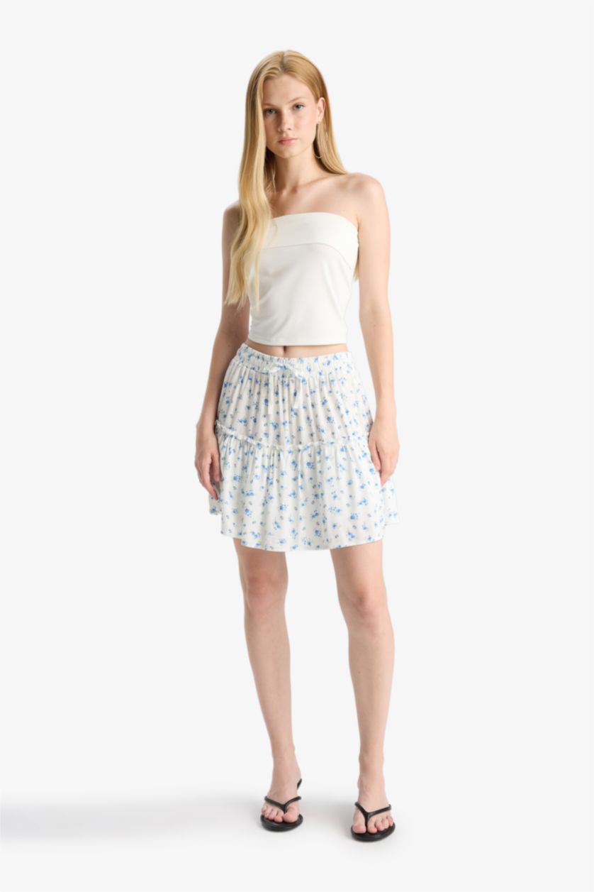 Women Blue Patterned High Waist Cotton Lining Crinkle Viscose Mini Skirt