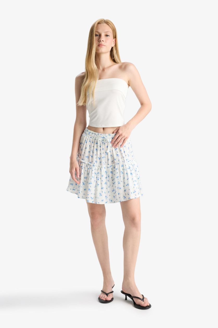 Kadın Mavi Çiçek Desenli Yüksek Bel Penye Astar Krinkıl Viskon Mini Etek