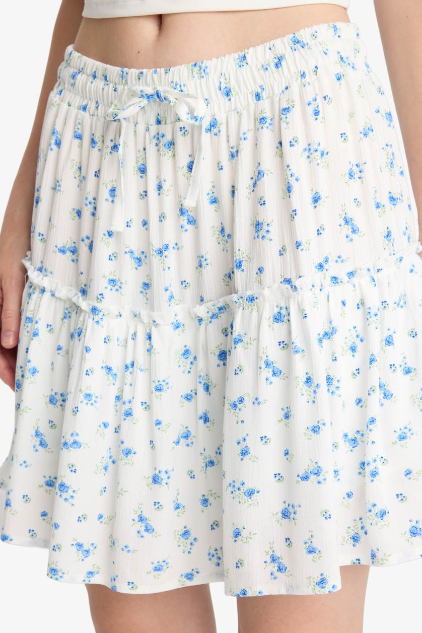 Kadın Mavi Çiçek Desenli Yüksek Bel Penye Astar Krinkıl Viskon Mini Etek