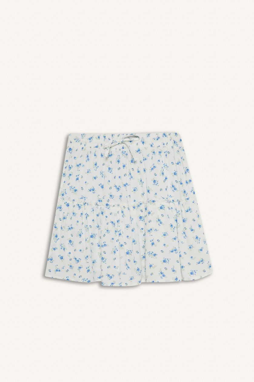 Kadın Mavi Çiçek Desenli Yüksek Bel Penye Astar Krinkıl Viskon Mini Etek